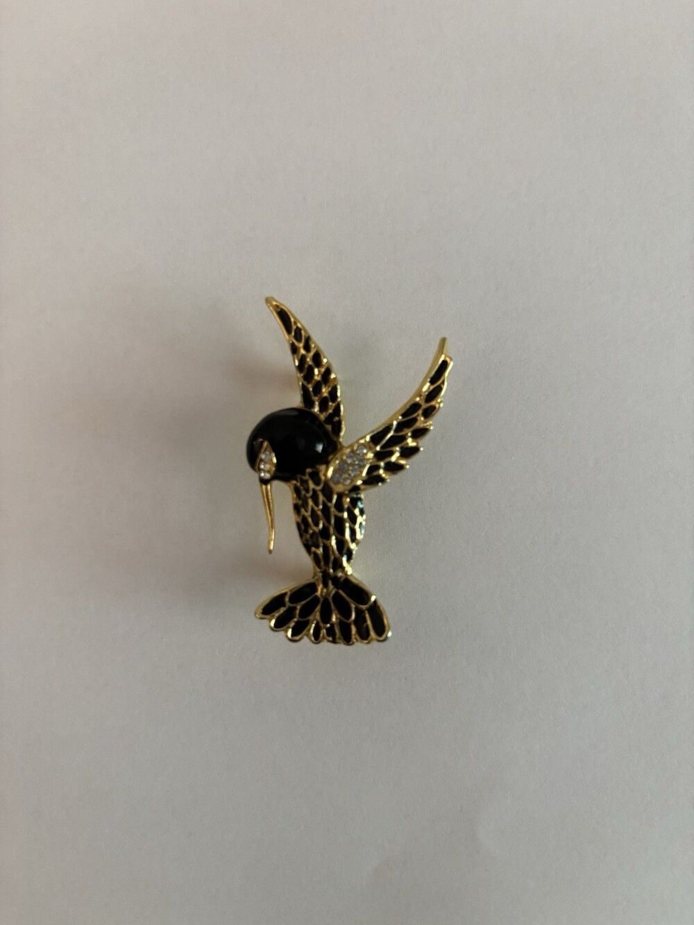 Covani Hummingbird Bird Brooch Pin Black Enamel Gold Tone Rhinestone Vintage